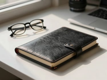 A clean desk with a closed leather notebook, a pair of reading glasses, and a soft shadow cast by a window frame during late afternoon.