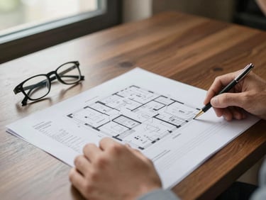 Close detail shot of a hotel operator reviewing printed property floor plans on a wooden desk, daylight from a nearby window, reading glasses resting beside the papers, no faces visible, hands in frame only