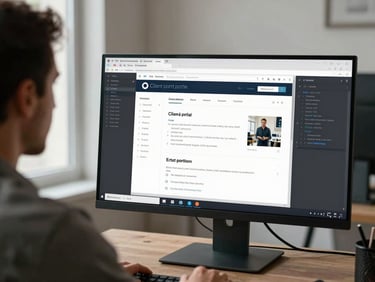 Tight over-shoulder shot of a developer reviewing a client portal interface on a large monitor, code editor visible on adjacent screen, bright neutral daylight from a window to the left