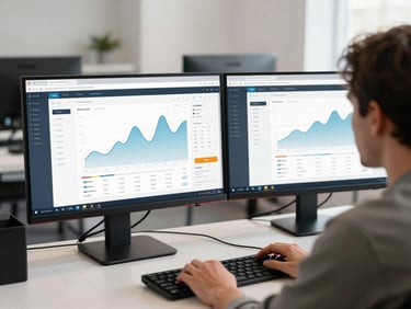 Wide over-shoulder view of a developer at a dual-monitor desk, left screen showing a live e-commerce dashboard with order graphs, bright neutral office light, sharp focus on the interface