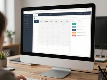 Full-screen view of a booking and scheduling web application on a desktop monitor in a clean office setting, calendar grid interface visible, neutral daylight, no people