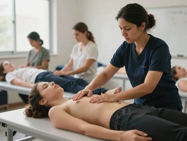 Estudantes de massoterapia praticando técnicas corporais sob supervisão em sala de aula iluminada por luz natural suave.
