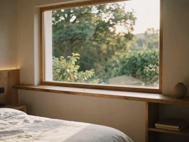 Sun-drenched boutique hotel room interior, natural wood furniture, white linen sheets, window framing lush green trees, warm golden hour light