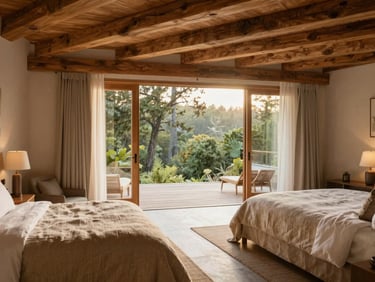 Spacious luxury suite with natural wood beams, two beds with organic linen, sliding glass doors opening to a forest deck, soft afternoon light