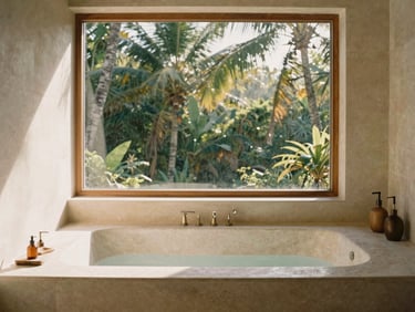 Minimalist luxury bathroom with a stone soaking tub, large window looking out to tropical forest, warm morning light, soft shadows