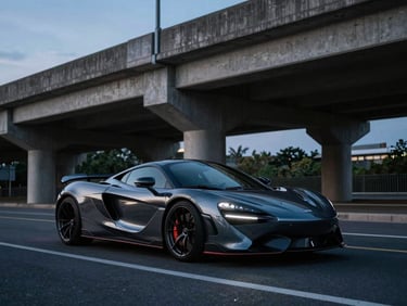 Anamorphic wide shot of a luxury sports car parked under a concrete brutalist overpass at dusk, moody blue hour tungsten lighting, high contrast.