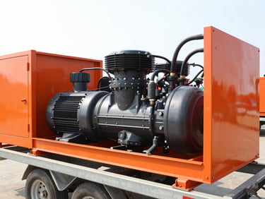 Industrial air compressor on a mobile trailer, safety orange metal chassis, clean technical lines, high-contrast daylight.