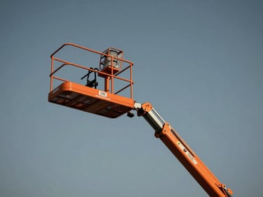 Articulated boom lift platform extended upwards against a clear sky, safety orange metal, sharp technical details.
