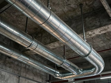 Pristine industrial mechanical ducting layout suspended from a high concrete ceiling, dramatic low-key lighting, clean metallic reflections.