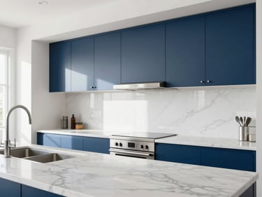Bright, sunlit modern kitchen with polished marble countertops and gleaming stainless steel appliances, straight-on architectural angle, natural overcast daylight, crisp white and deep blue tones, sharp focus, 35mm