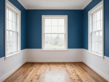 Empty, sunlit bedroom with freshly cleaned windows and polished wooden floors, subtle eco-friendly cleaning tools in background, straight-on architectural angle, natural overcast daylight, crisp white and deep blue tones, sharp focus, 35mm
