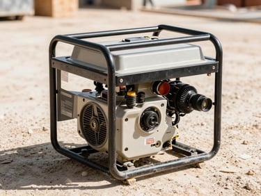 Close-up of a portable construction generator on a dusty job site, bright harsh daylight, high contrast warm tones, sharp focus, 35mm