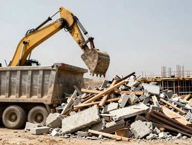 A pile of construction debris (concrete, rebar, wood) being loaded into a large dump truck by an excavator, harsh daylight, high contrast warm tones, sharp focus, 35mm, active construction site.