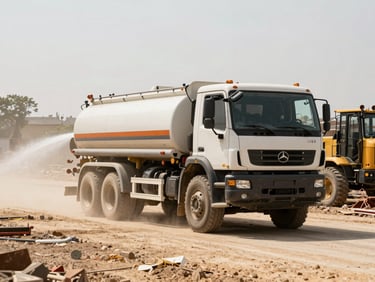 A large, industrial water truck spraying water on a dusty construction road, harsh daylight, high contrast warm tones, sharp focus, 35mm, heavy machinery in the background.