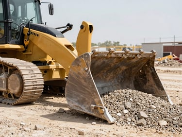Close-up of a yellow backhoe loader's bucket scooping gravel on a dusty construction site, bright harsh daylight, high contrast, warm tones, sharp focus, 35mm.
