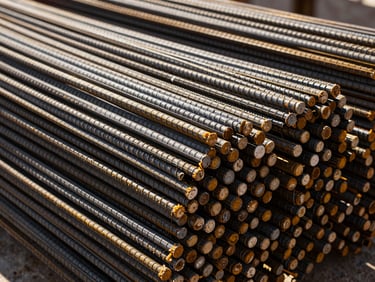 Close-up of neatly stacked bundles of rebar on a construction site, harsh sunlight creating strong shadows, high contrast warm tones, sharp focus, 35mm, gritty industrial photography