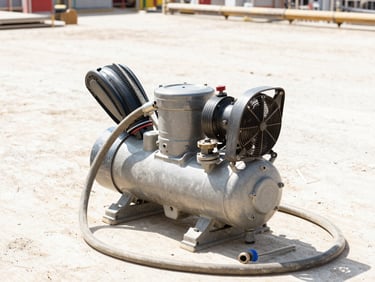 Industrial air compressor on a construction site, with hoses and tools, bright harsh daylight, high contrast warm tones, sharp focus, 35mm
