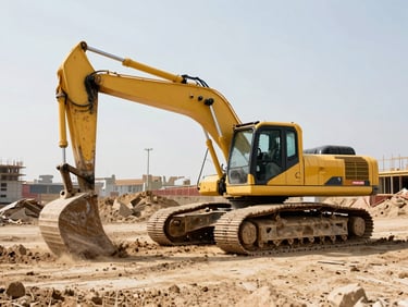A large yellow excavator digging earth on a construction site, with dirt flying, under bright harsh daylight. Gritty industrial photography, high contrast warm tones, sharp focus, 35mm.