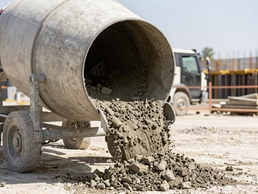 Action shot of a concrete mixer on a construction site, mixing cement, bright harsh daylight, high contrast warm tones, sharp focus, 35mm