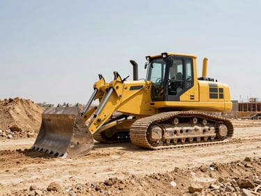 Wide shot of a large yellow trackhoe excavator digging into a dirt mound on a construction site under harsh daylight, high contrast, warm tones, sharp focus, 35mm.