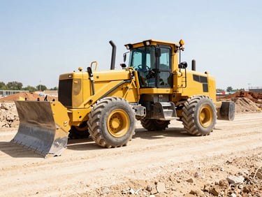 Panoramic view of a large yellow motor grader leveling a dirt road on a wide construction site, bright harsh daylight, high contrast, warm tones, sharp focus, 35mm.