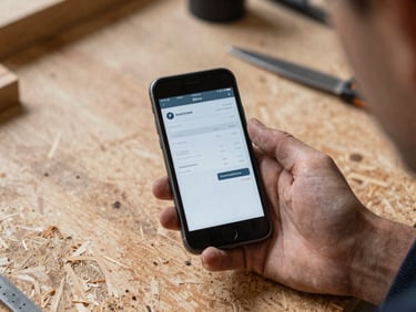 Tight first-person perspective of a carpenter's dusty hand holding a smartphone on a raw plywood workbench, high-contrast daylight, sharp focus on the mobile screen showing a clean invoice interface.