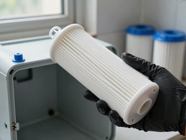 Close-up of a fresh white sediment filter cartridge held in a gloved hand beside an open RO housing, north-facing window light, blue filter housing clips visible in background on a tiled wall
