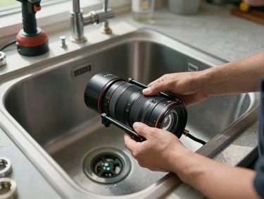 Close-up of a technician's hands guiding an RO unit into position under a kitchen sink, natural morning light from a nearby window, drill and fittings visible on the counter above, concrete floor below