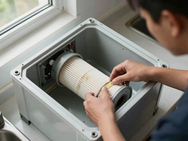 Overhead angle of a technician's hands removing a clogged filter cartridge from an open RO housing on a kitchen counter, daylight from a side window, discoloured filter visible against white housing interior