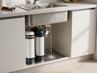 Environmental shot of a fully serviced RO unit mounted neatly under a kitchen sink, water running clear from the dedicated tap above, morning daylight across the counter, tools packed away, clean tiled floor