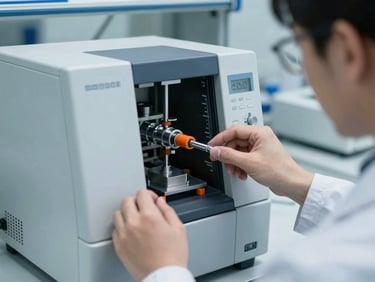 Close-up of a technician calibrating a gas chromatograph in a cool daylight laboratory, desaturated steel blues, sharp focus.