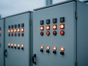 Industrial control panel with glowing indicators on an active terminal site, cool overcast daylight, high-contrast orange accents.