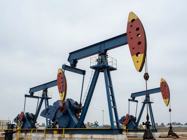 Wide environmental shot of an active midstream oil and gas terminal under cool overcast daylight, steel blue tones, sharp industrial focus.