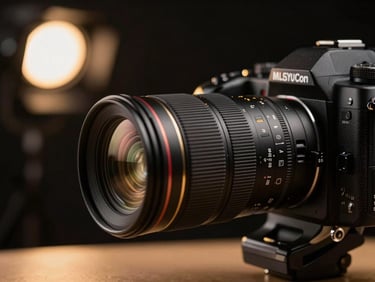 Cinematic close-up of high-end camera lens filming a business interview, blurred warm studio lights, luxury aesthetic