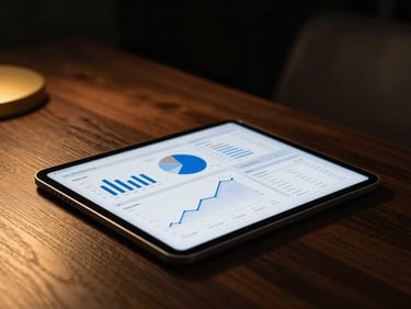 A sleek modern tablet displaying business charts and growth metrics on a dark wooden desk, warm golden lighting
