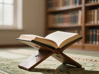 A beautifully bound open Quran resting on a wooden stand in a serene, sunlit library, soft focus background, no people.