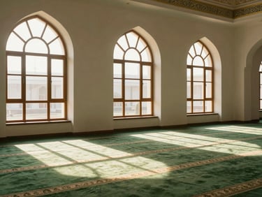 Morning sunlight streaming through an elegant arched window of a quiet, clean masjid, casting geometric shadows on a green carpet.