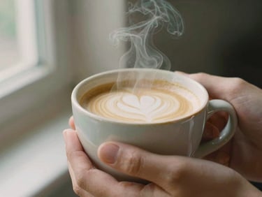 Warm close-up of a steaming ceramic mug of latte held in hands, soft morning light, shallow depth of field, 35mm film style