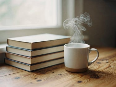 A stack of books next to a steaming ceramic mug on a rustic wooden table by a window, soft morning light, 35mm film