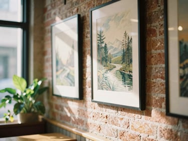 Paintings hanging on a brick cafe wall with green plants nearby, warm natural light, shallow depth of field, 35mm film