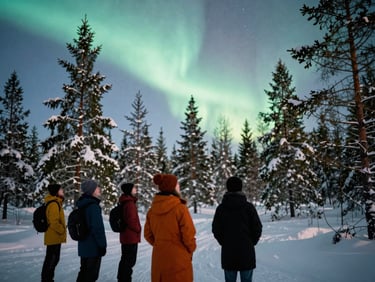 Group of students looking up at the vibrant green Northern Lights over a snow-covered Lapland forest, candid, 35mm film look
