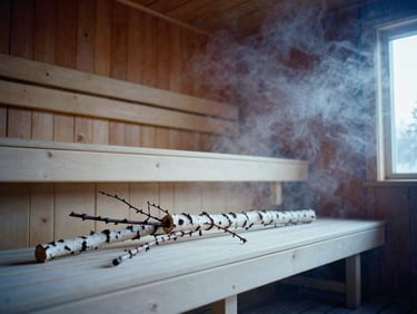 Warmly lit interior of a traditional Finnish sauna, steam rising, birch branches (vihta) on a wooden bench, soft focus, documentary travel photography.
