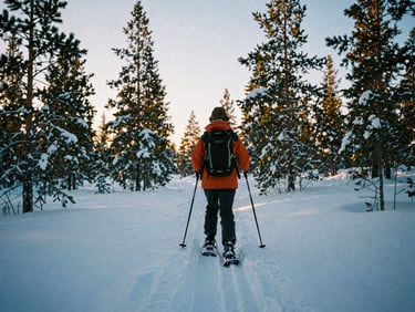 First-person perspective of a student snowshoeing through deep snow in a Lapland forest, low sun, warm pine tones, documentary travel photography, 35mm film look