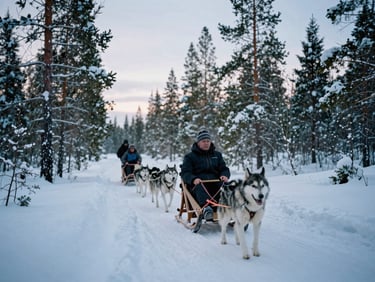 Candid shot of students on a husky sledding tour in a snow-covered Lapland forest, soft Nordic daylight, cool blue tones, 35mm film look