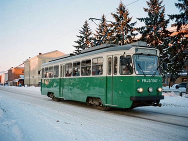 Wide-angle shot of a classic green Helsinki tram moving through snowy streets, blurred motion, cool blue and warm pine tones.