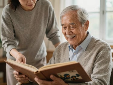 An elderly gentleman smiling warmly while looking over a classic photo album with a caregiver, soft natural light, warm home interior