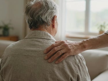 A caregiver's hand resting supportively on a senior's shoulder in a warm, peaceful living room, soft window light
