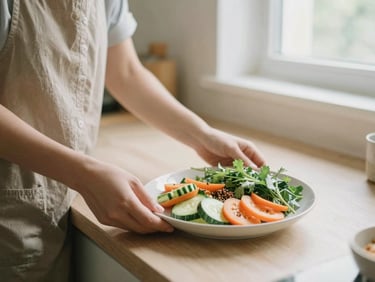 A caregiver gently preparing a fresh, healthy meal in a bright, warm home kitchen, soft focus, natural light