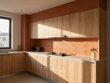 Architectural shot of a modern kitchen with terracotta accents, clean wooden cabinets, warm sunlight streaming through a window