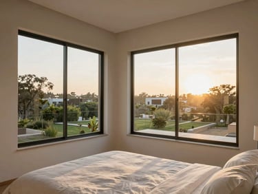 Modern master bedroom with large windows, neutral tones, warm morning light, view of green areas in Pachuca